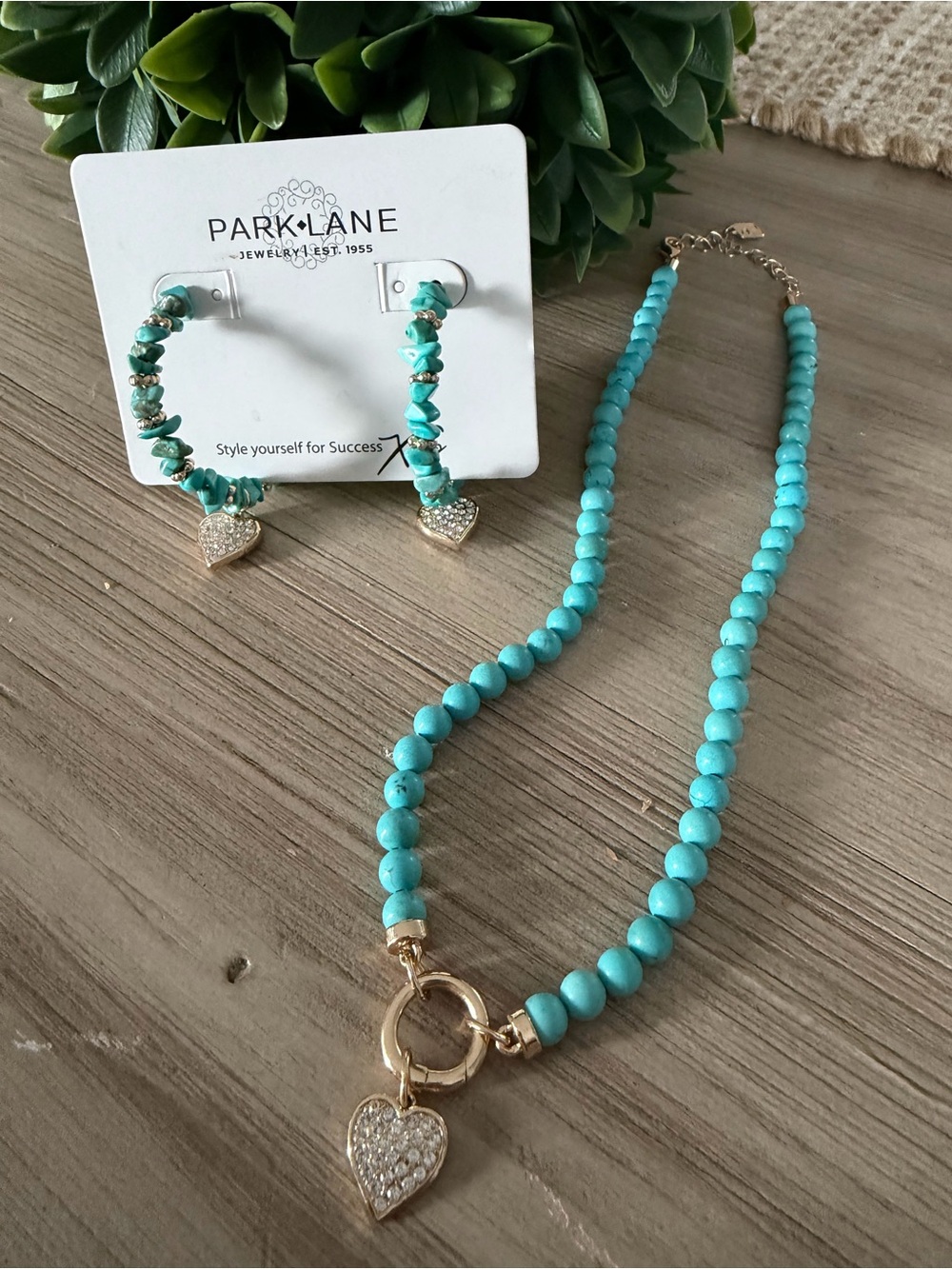 Park Lane Turquoise Beaded Necklace and Hoop Earring Set with Gold Heart Charm